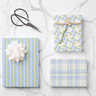 Landhausrosen, Tartan und Streifen in himmelblau Geschenkpapier Set