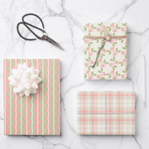 Landhausrosen, Tartan und Streifen in tiefem Rosa Geschenkpapier Set
