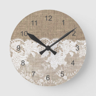 Landhausstil beige Jute und weiße Spitze vintage r Runde Wanduhr