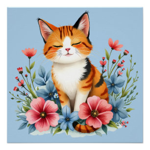 Landhausstil Blumenkatze Ruhige Feline Botanik Poster