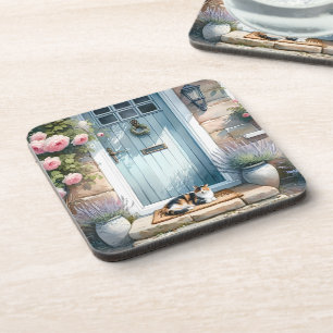 Landhausstil-Blumenveranda mit Calico-Katze Getränkeuntersetzer