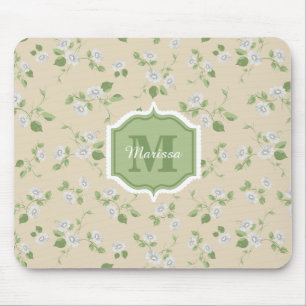 Landhausstil Floral Weiße Margeriten Creme Monogra Mousepad