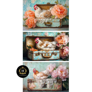 Landhausstil Huhn und Pfingstrose Dekupage Geschenkpapier Set