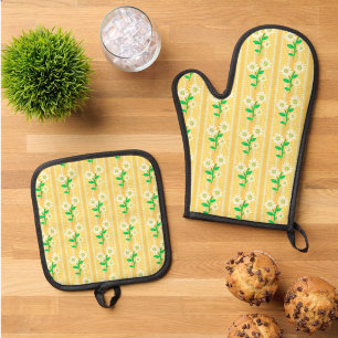 Landhausstil Weiß Grün Gelbe Sonnenblumen Ofenhandschuh & Topflappen-Set