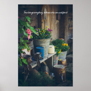 Landhausveranda geschmückt mit lebendigen Stiefmüt Poster