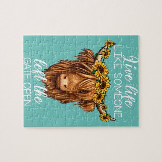 Landheiser-Hochlandkuh mit Sonnenblumenfarm Puzzle (Horizontal)