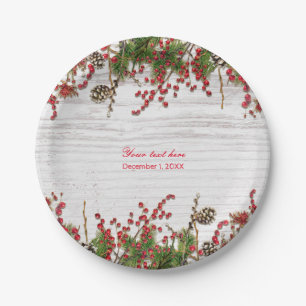 Landhochzeit im Winter mit Beeren und Pinienkegel Pappteller