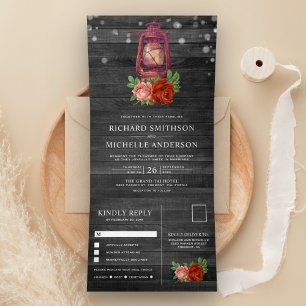 Landhochzeit mit Vintage-Rosen-Öllaterne Dreifach Gefaltete Einladung