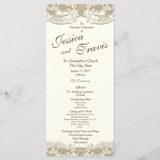 Landhochzeit-Programm mit Jute-Blumenmuster Programm (Vorderseite)