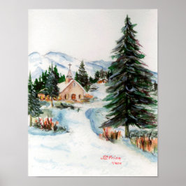 Landkirche im Winter Wasserfarbengebirge Szene Poster