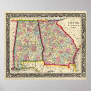 Landkreis-Karte von Georgia und von Alabama Poster