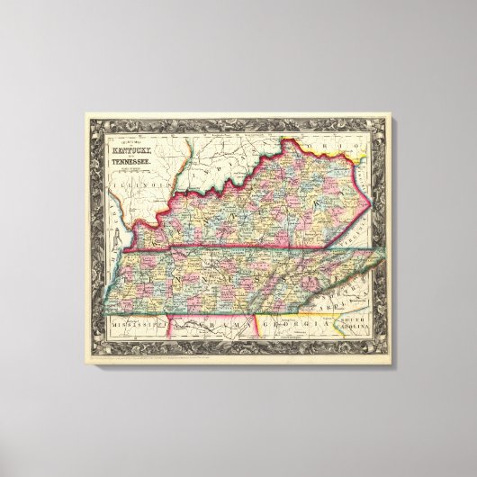 Landkreis Karte von Kentucky und Tennessee Leinwanddruck (Vorderseite)