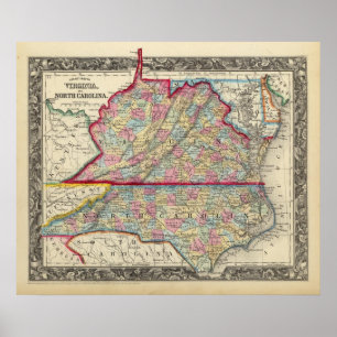 Landkreis-Karte von Virginia und von Nord-Carolina Poster