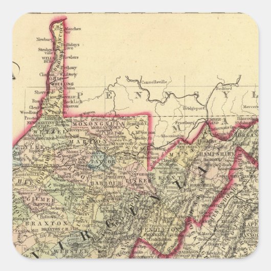 Landkreis-Karte West Virginia Quadratischer Aufkleber (Vorderseite)
