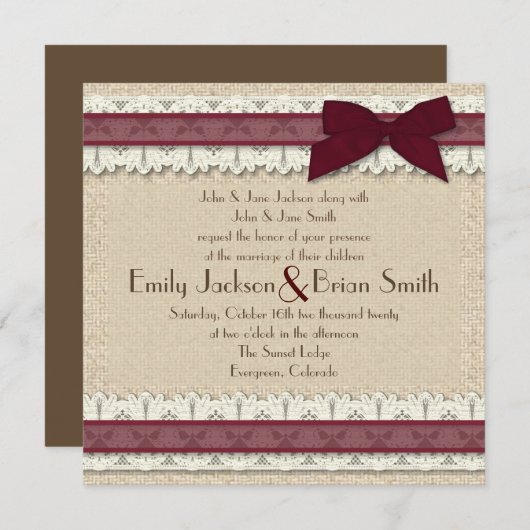 Landleinwandburgunder-Bandhochzeitseinladungen Einladung (Vorne/Hinten)