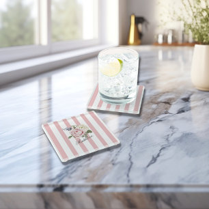 Ländlich-chic-rosafarben gestreifter Rosenstrauß m Glasuntersetzer