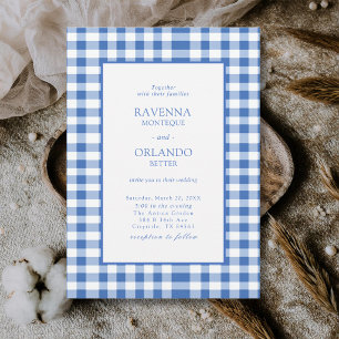 Ländlich karierte Baby-Blau-Gingham-Hochzeit Einladung
