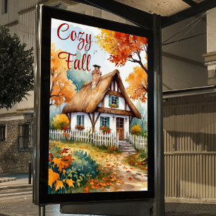 Ländliche Aquarell-Hütte Herbst Bäume Garten Poster
