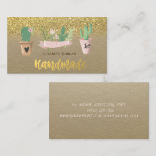Ländliche Aquarell-Kaktus-Blume Gold-Glitter Visitenkarte