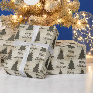 Ländliche Beige-Grüne Büffel-Karo-Weihnachtsbäume Geschenkpapier