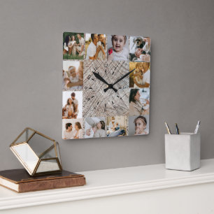 Ländliche benutzerdefinierte Fotocollage Familie Quadratische Wanduhr
