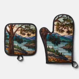 Ländliche Berglandschaft Buntglas Ofenhandschuh & Topflappen-Set