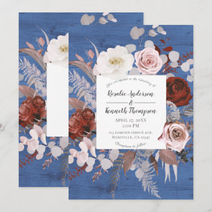 Ländliche blaue Holzblumen-Hochzeit im Landhaussti Einladung