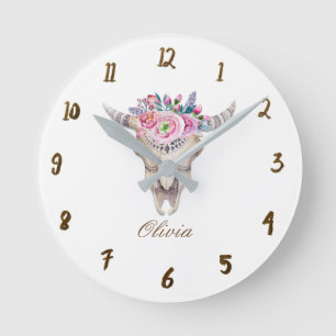 Ländliche Blumen Kuh-Schädel-Hörner Mädchenhaft Pe Runde Wanduhr