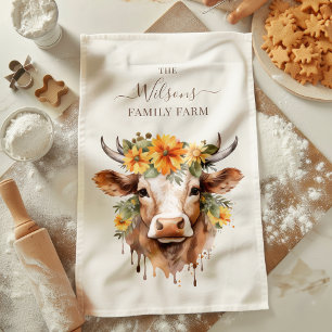 Ländliche Blumen-Kuhhörner-Familienfarm Geschirrtuch