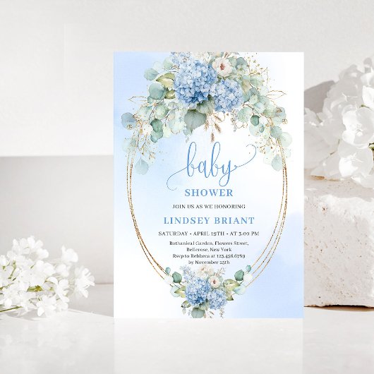 Ländliche Bohemian Blaue Hortensien Baby Shower Ei Einladung