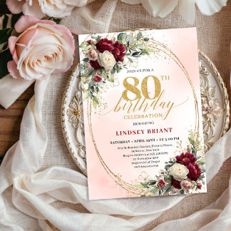 Ländliche Boho-Burgunder-Blumen-Einladung zum 80.  Einladung