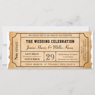 Ländliche Bordkarte im Ticket-Stil für Hochzeiten Einladung