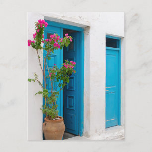 Ländliche Bougainvillea-Griechische Tür Postkarte