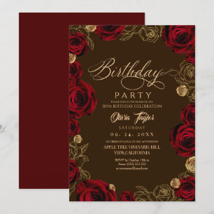 Ländliche Burgunderrote Rosen Schrift Geburtstag Einladung