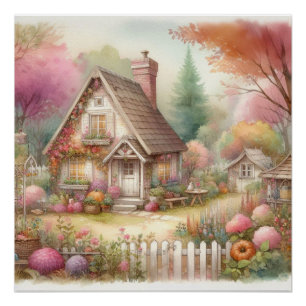 Ländliche Cottage-Blumenszene Aquarell Poster