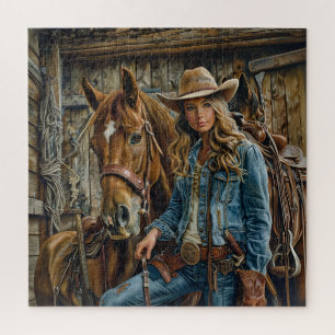 Ländliche Cowgirl in Jeans mit Pferd Westernscheun Puzzle