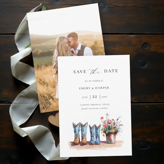 Ländliche Denim-Wildblumen-Foto-Rustical-Hochzeit Save The Date