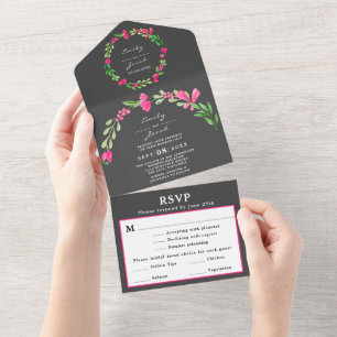 Ländliche Dunkelgraue Rosa Florale Landhochzeit-RS All In One Einladung