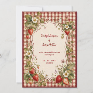 Ländliche Erdbeer-Hochzeits-Cottage-Gingham-Garten Einladung