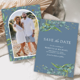 Ländliche Eukalyptus-Foto-Staubblaue Hochzeit Save The Date