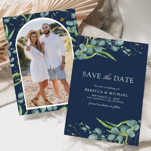 Ländliche Eukalyptus-Fotos Hochzeit in Marineblau Save The Date