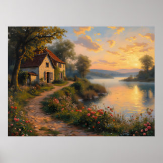 Ländliche Farmhouse-Sonnenaufgang-Landschaft Poster