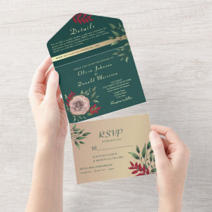 Ländliche Florale Hochzeit in Smaragdgrün All In One Einladung