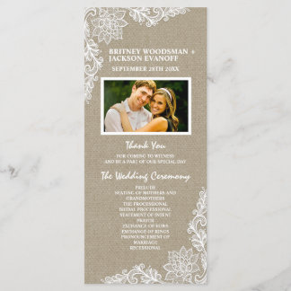 Ländliche Foto-Jute und Spitze Hochzeitsprogramme Programm