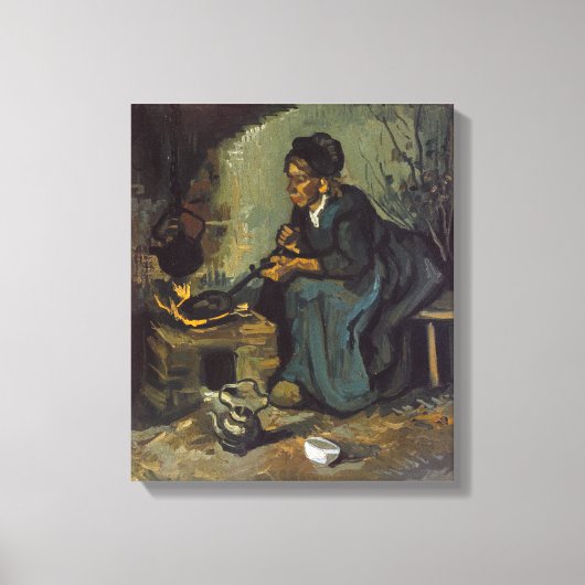 Ländliche Frau, die durch einen Kamin kocht Leinwanddruck (Vorderseite)