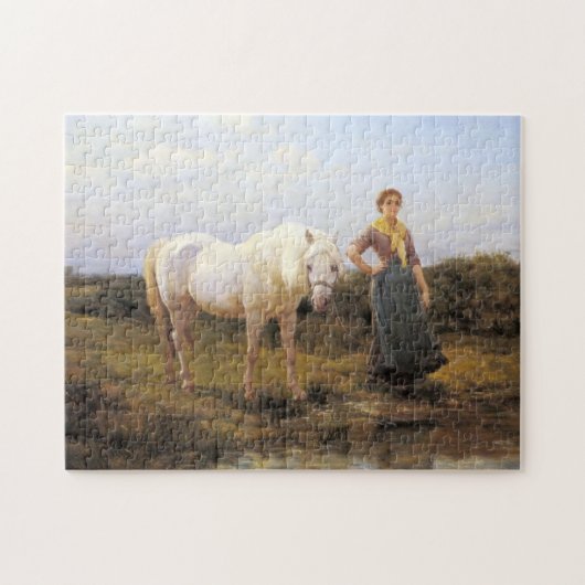 Ländliche Frau, die ein weißes Pferd zum Wasser ni Puzzle (Horizontal)