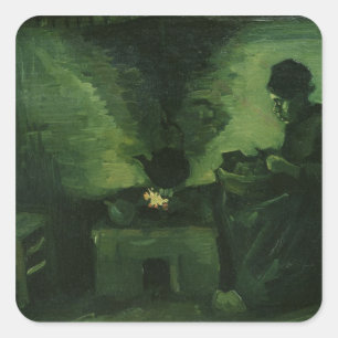 Ländliche Frau Vincent van Goghs durch den Herd Quadratischer Aufkleber