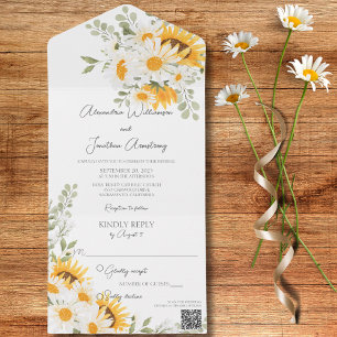 Ländliche Gänseblümchen und Sonnenblumen auf weiße All In One Einladung