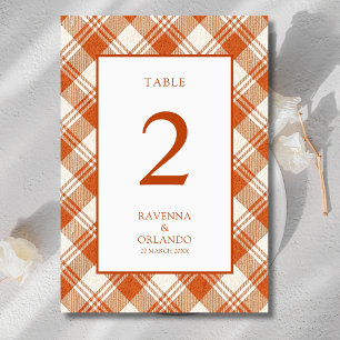 Ländliche gedämpfte orange karierte Gingham-Hochze Tischnummer