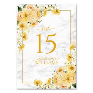 Ländliche gelbe Blumenmarmor-Hochzeitsempfang Tischnummer